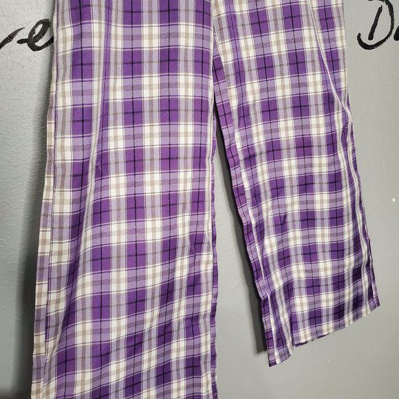 Purple Tartan Cropped High Waist Wide Leg Pants Trousers, 2 - Picture 3 of 8